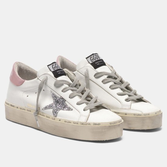 Golden Goose Hi Star white leather trainers with silver glitter star and pink heel tab
