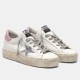 Golden Goose Hi Star white leather trainers with silver glitter star and pink heel tab