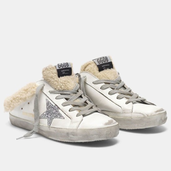 Golden Goose Super-Star Sabot White Leather Shearling Trainers Golden Goose Super-Star Sabot white leather shearling trainers front angled view