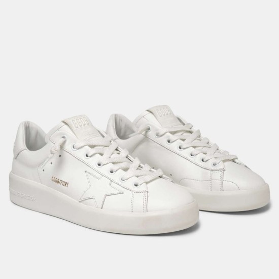 Pair of Golden Goose Purestar white leather low top trainers side front view