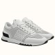 Hermes Addict White Perforated Leather Trainers Three-Quarter View Pair of white Hermes Addict perforated leather low top trainers shown at a three-quarter angle on a white background