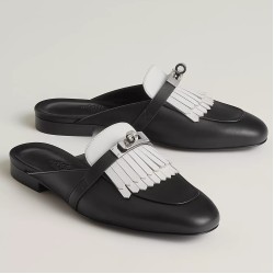 hermesoz mules with fringed in black/white leather uk