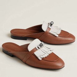 hermesoz mules with fringed in brown/white leather uk
