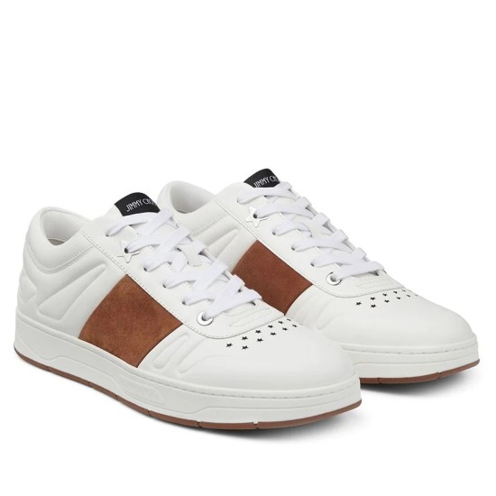 Jimmy Choo Leather Low Top Trainers White Brown Pair View Jimmy Choo Leather Low Top Trainers White Brown side perspective view pair