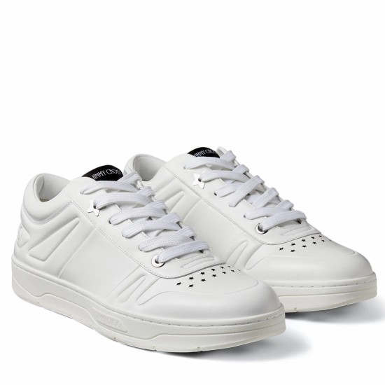 Jimmy Choo Hawaii White Leather Trainers Front View Pair of Jimmy Choo Hawaii white leather trainers showing front three-quarter angle