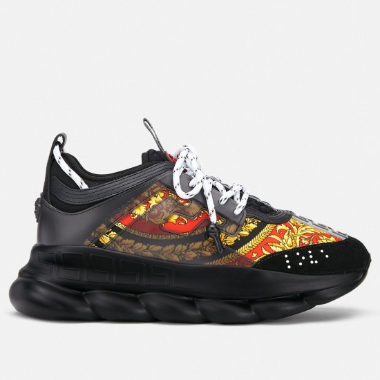 Versace Chain Reaction trainers in black with gold and red baroque print side profile