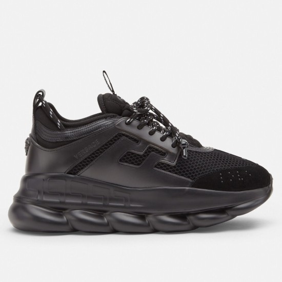 Versace Chain Reaction Trainers Black Side View Versace Chain Reaction Trainers in black side profile view