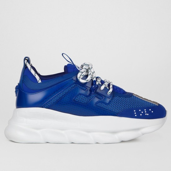 Versace Chain Reaction Blue Trainer Side Profile in blue and white Side profile of a blue Versace Chain Reaction mesh trainer on a white sole
