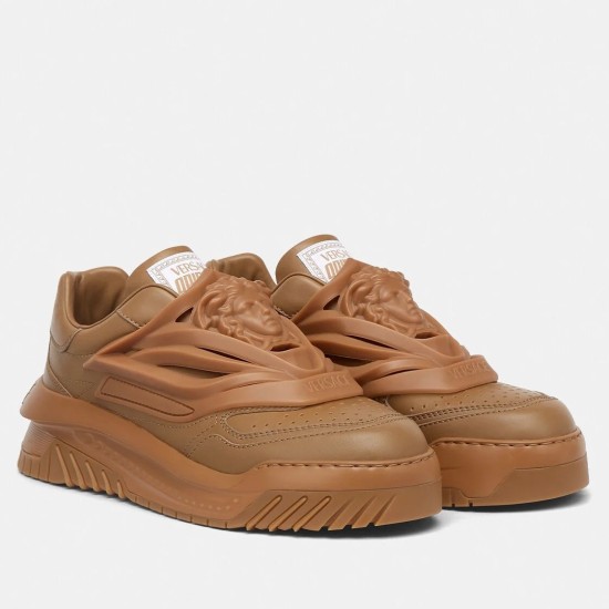 Versace Odissea brown leather trainers pair studio view