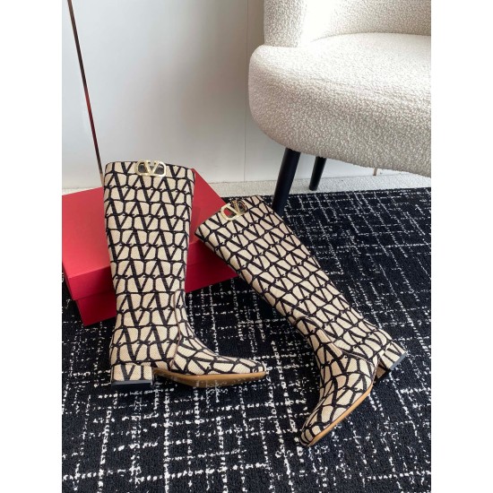 Replica Valentino VLogo Type Knee Boots in Black Toile Iconographe fabric UK replica Valentino VLogo Type Knee Boots in Black Toile Iconographe fabric UK