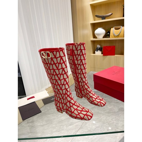 Replica Valentino 3071 V1555 Buddha Luxury Replica Valentino Vlogo Type Knee Boots In Red Toile Iconographe Fabric Uk - 3071 - Buddha Luxury