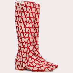 Valentino VLogo Type Knee Boots in Red Toile Iconographe fabric UK