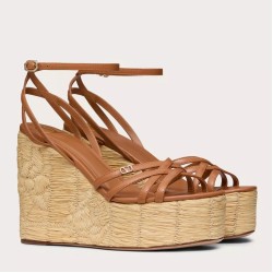 Valentino Raflower Wedge Sandals in Brown Calfskin UK
