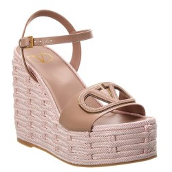 Valentino VLogo Cut-out Espadrille Wedge Sandals in Beige Leather UK