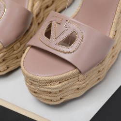 Valentino VLogo Cut-out Espadrille Wedge Sandals in Beige Leather UK