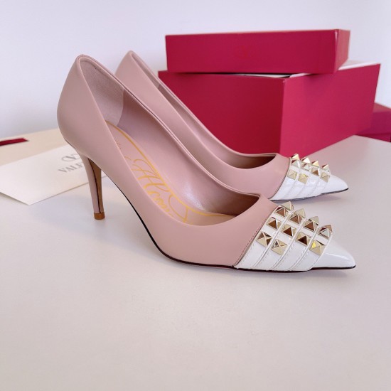 replica Valentino Beige Rockstud Pump 90mm with White Patent Toe Cap UK