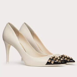 Valentino White Rockstud Pump 90Mm With Black Patent Toe Cap Uk