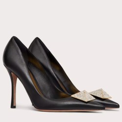 Valentino One Stud Pumps 100Mm In Black Nappa Leather With Crystal Uk