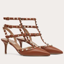 Valentino Rockstud Caged Pumps 65Mm In Brown Grained Leather Uk