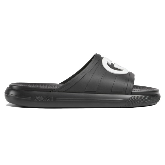 Gucci Men's Interlocking G Slide Sandals In Black Profile View in black and white Gucci Men's Interlocking G Slide Sandals In Black profile view showing black strap and white logo