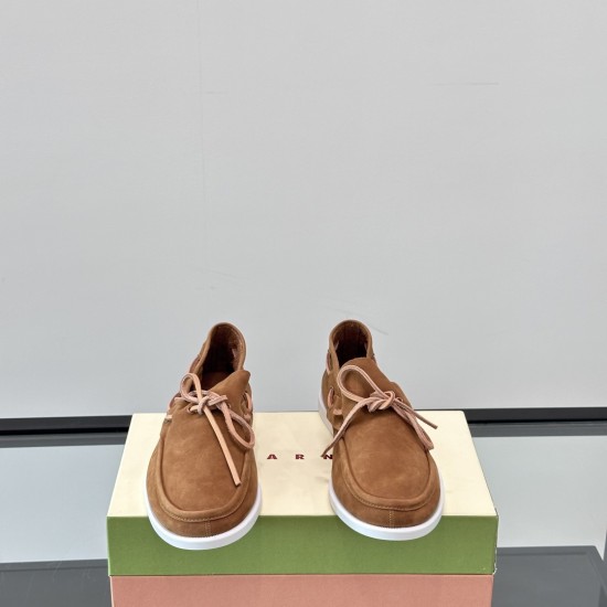 Marni Men's Brown Nubuck Boat Shoes Front Angle Marni Men's Brown Nubuck Leather Boat Shoes front view
