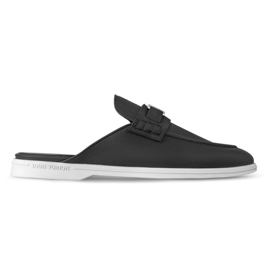 Side profile view of L Men's Estate Open Back Leather Loafers in black with white sole