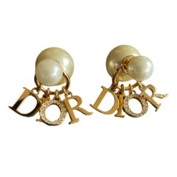 TRIBALES DANGLE LOGO STUD EARRINGS METAL WITH FAUX PEARLS AND CRYSTALS UK