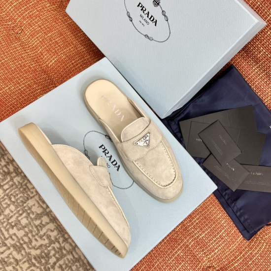 Prada Men's Suede Sabots Beige Mules Packaging View Prada Men's Suede Sabots Beige Mules displayed with box