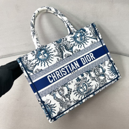 Replica Medium Book Tote White And Navy Blue Toile De Jouy Soleil Embroidery Uk - 13253 - Buddha Luxury
