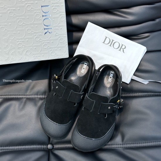 Dior Black Nubuck Calfskin Tokio Mules Top View Top down view of the black nubuck calfskin mules highlighting the rounded toes and interior footbed branding