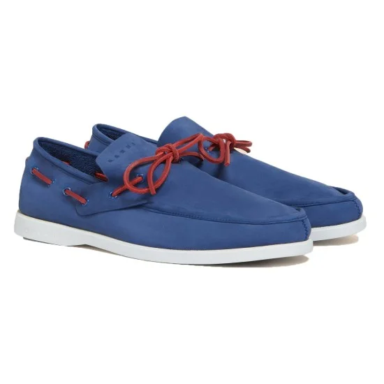 Three-quarter side view of Marni Men's Blue Nubuck Boat Shoes with red laces on a white background