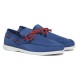 Three-quarter side view of Marni Men's Blue Nubuck Boat Shoes with red laces on a white background