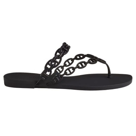 Hermes black Island Sandals profile view Side profile view of Hermes black Island Sandals showing flat sole and chain strap detail