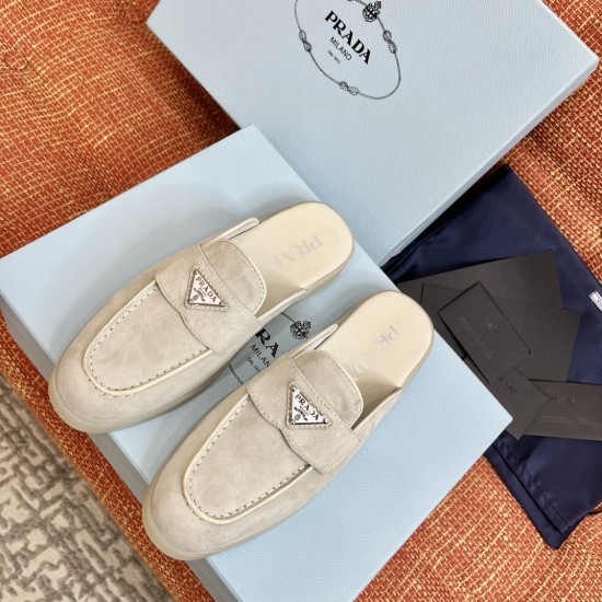 Prada Men's Suede Sabots Beige Mules Top View Prada Men's Suede Sabots Beige Mules top view pair