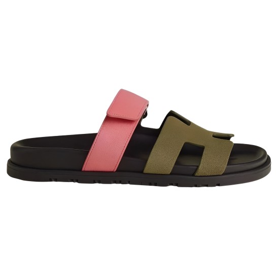 Hermes Chypre Suede Sandal Side Profile in Pink and Olive Side profile view of the pink and olive Hermes Chypre suede sandal