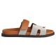 Hermes Chypre Sandals In Grey And Brown Lateral View Side profile of Hermes Chypre Sandals In Grey And Brown showing the contoured footbed and flat sole