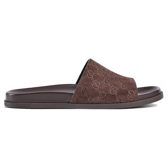 Gucci Brown Suede Slide Sandals Profile View Profile view of Gucci brown suede slide sandals showing side silhouette