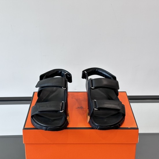Hermes Black Sandals Front View in black and white Front upper view showing dual straps of the black sandals in black and white