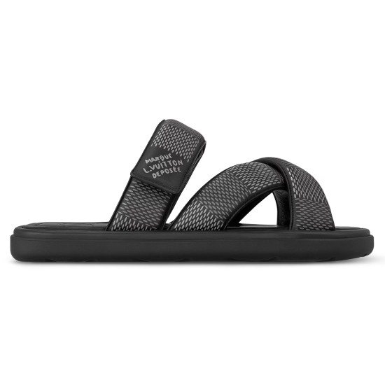 Side Profile of Black L Venice Mules Side profile of black L Venice Mules showing adjustable patterned strap