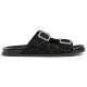 Profile view of black Gucci slide sandals in GG suede with silver buckles