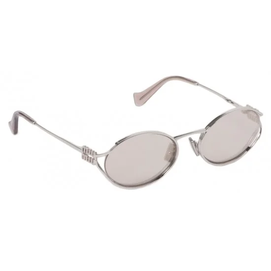 Three-quarter view of Miu Miu Women's Silver Tone Oval Frame Sunglasses displaying slim arms and detailed temple hinges.