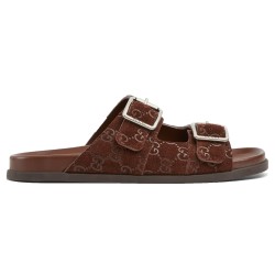 Gucci Slide Sandals Brown Gg Suede Buckle Footwear