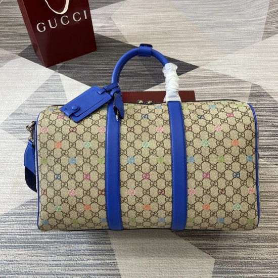 replica GG MULTICOLOR MEDIUM DUFFLE BAG BEIGE AND DARK BROWN GG MONOGRAM COATED FABRIC UK