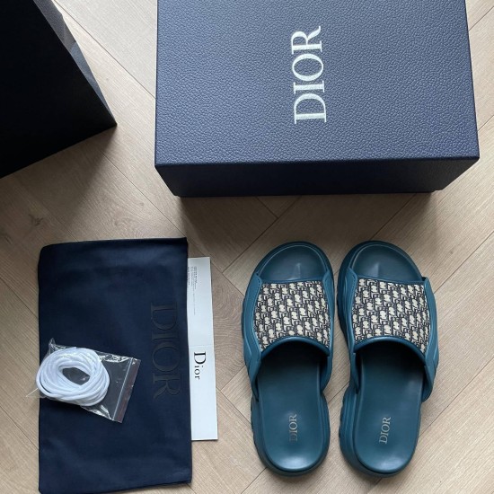 Dior Blue Sandals Overhead View Top-down overhead view of the blue sandals displaying the footbed branding and patterned straps