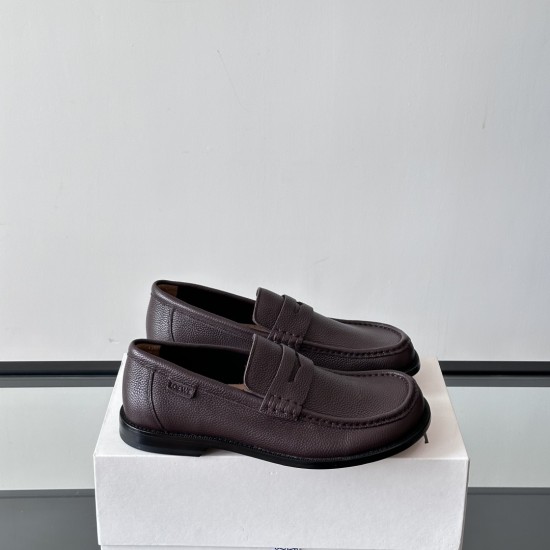 Loewe Men's Campo Penny Loafers Side Profile Side view of Loewe Men's Campo Deerskin Penny Loafers showing the embossed side tab and profile