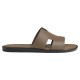 Hermes Izmir Sandals In Beige profile view showing beige upper and patterned footbed