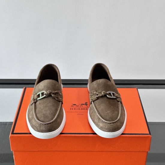 Hermès Men's Ignacio Suede Loafers in Étoupe Brown - Front View Hermès Men's Ignacio Suede Loafers in Étoupe Brown front view showing braided detail and toe shape