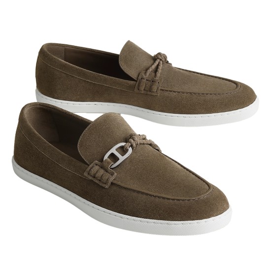 Hermès Men's Ignacio Suede Loafers in Étoupe Brown - Angled View Hermès Men's Ignacio Suede Loafers in Étoupe Brown angled top view showing metallic detail
