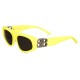 Balenciaga Women's Narrow Yellow Frame Sunglasses Three-Quarter View Three-quarter view of Balenciaga Women's Narrow Yellow Frame Sunglasses displaying dark lenses and silver BB hinge emblem