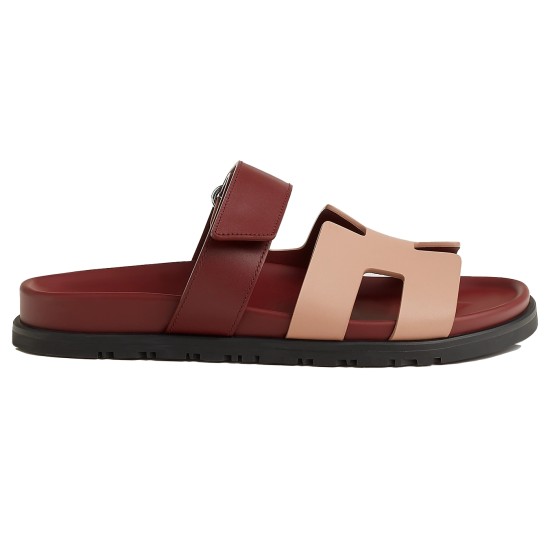 Hermes Chypre Sandals In Red And Beige Side View Side profile of Hermes Chypre Sandals In Red And Beige showcasing the adjustable strap